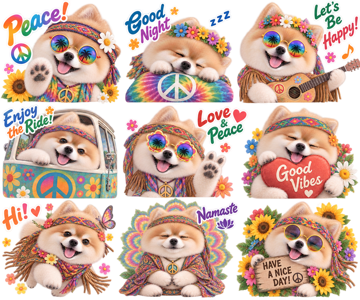 ヒッピーカラフル風のLINEスタンプ作風サンプル