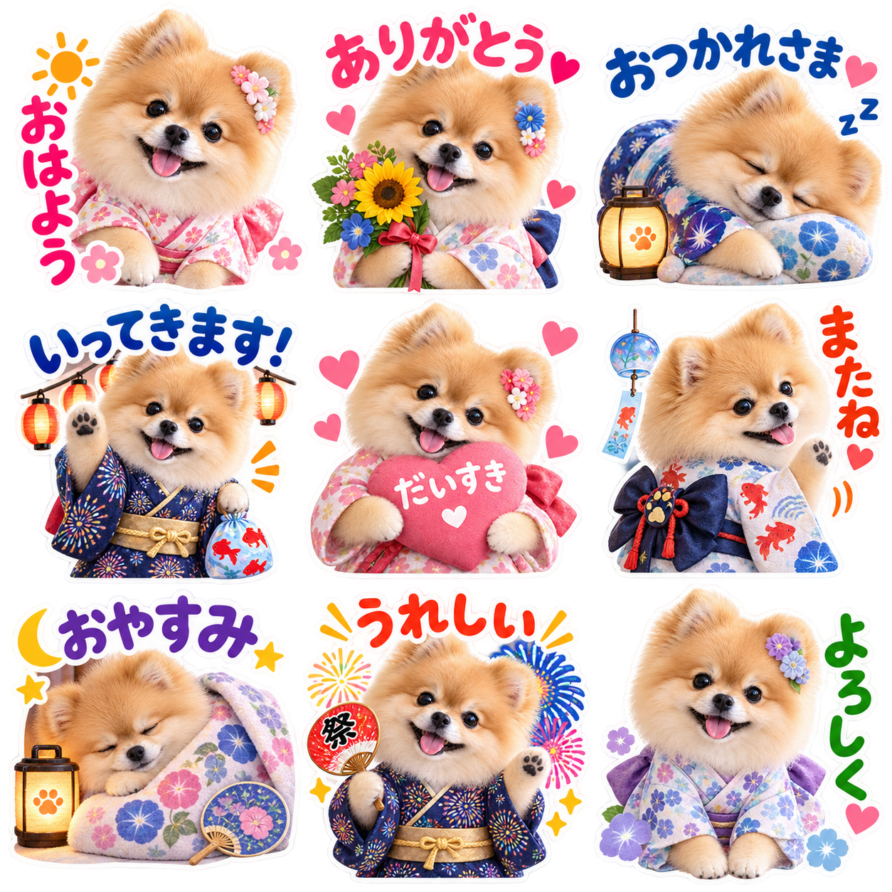 浴衣夏祭り風のLINEスタンプ作風サンプル