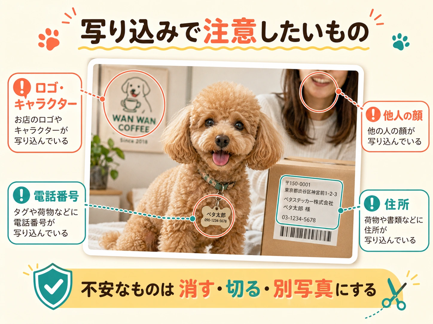 ペット写真で注意したい人物や個人情報などの写り込み例
