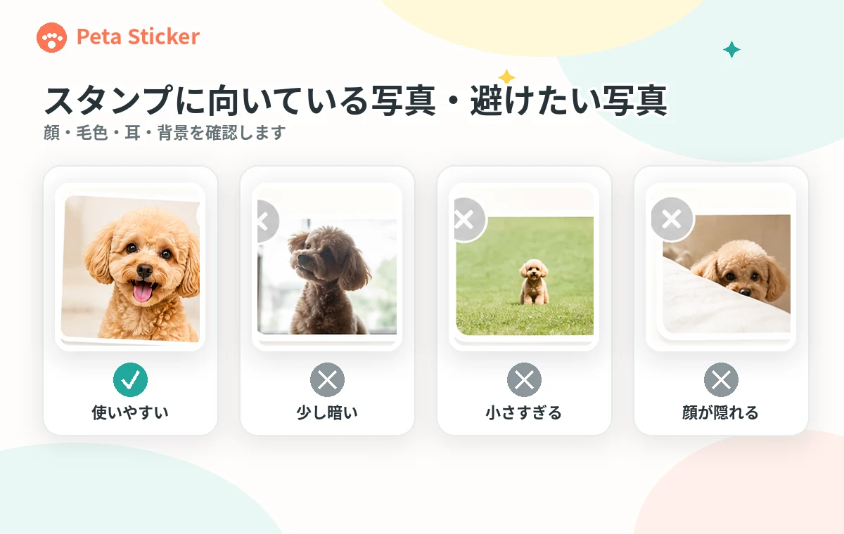 愛犬のスタンプに向く写真と確認が必要な写真