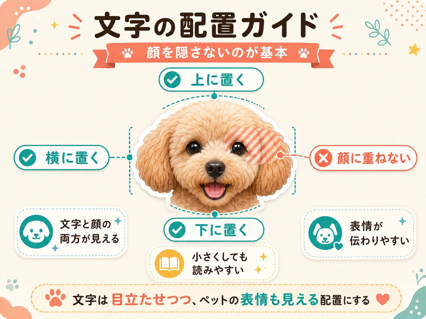 ペットの顔を隠さないLINEスタンプ文字配置の例